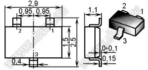 BSR16 (SOT23) транзистор биполярный; PNP; Iк=0,8А; Uкэо=60В; hFE min.=100 (min); hFE max.=300 (min); F=200МГц; Pd=0,35mW