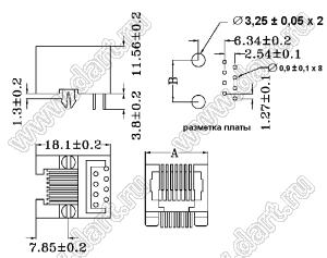 95001-6P6C (T4-6P6C)-SOCKET розетка RJ-45 на плату, 6 позиций, 6 контактов; A=13,20мм