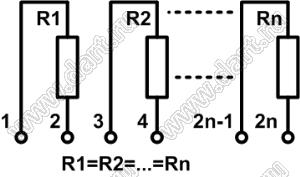 SIP 10P5R-B36KJ 5% (10B363J) сборка резисторная тип B; 5 резисторов; R=36 кОм; 5%