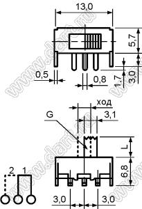 SK-12F23-G5 переключатель движковый угловой 1P2T