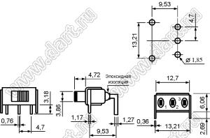 TS-13P-A1-2-Q-E-H (ON-ON, 1P2T) переключатель движковый угловой в плату