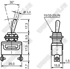 T901AW (E-TEN1021SC, KN3（C）-101P) переключатель рычажный (тумблер); SPST (ON-OFF); I max=15А; V max.=250В