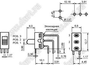 TS-13L-A3-2-Q-E-H (ON-ON, 1P2T) переключатель движковый угловой в плату