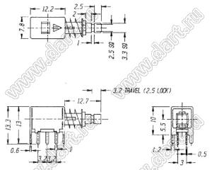 PS-22F02L переключатель нажимной 2P2T с фиксацией; 0,3A 50V