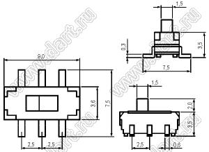 MS-22D18 (IS-2235S) переключатель движковый прямой 1P2T миниатюрный для поверхностного монтажа