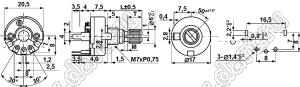 RV17NP1-20KQ-B100K (RV17-S-K4-A100K-20KQ) потенциометр роторный (17мм) 100 кОм линейный вертикальный в плату, вал металлический 18 зубов, длина вала 20мм