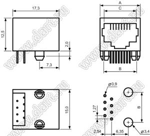 7008-6P6C-S-SOCKET розетка RJ-45 на плату, 6 позиций, 6 контактов экранированный