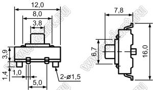 TD-12EC-X кнопка тактовая SMD; 12x12x7,8мм; квадратный толкатель