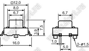 TSTP1275T-250AH-T/R (TD-12EA-Z-T/R) кнопка тактовая SMD; 12x12x7,5мм в ленте на роликах