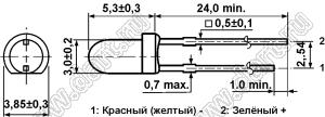 RL30-SR2YG43 9T1 (DB3b-31OG, WP937EGW, 3RG4HW, ARL-3014UEUGC/2L) светодиод двухцветный 3мм красный/зеленый биполярный