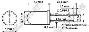 DB5-31OG (5RG4HW) светодиод 5мм; биполярный двуцветный красн./зел.; 2-х выводной