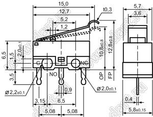 DM1-02P-40 (KW10-1) микропереключатель концевой в плату с рычагом 15мм (40 гс)