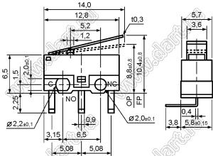 DM1-01C-30 (WK01-01)  3A микропереключатель концевой угловой в плату с рычагом 13,5мм (30 гс)