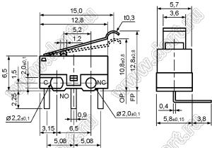 DM1-02D-40 микропереключатель концевой в плату угловой с рычагом (40 гс)