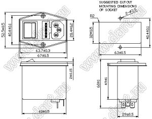 YQ06A1-1F (CW2C-06A-T) однофазное входное гнездо с фильтром от помех; C14; I max=6А; Uном=125/250VACВ