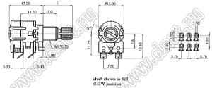 R121SG-5B1-B332-0G02 потенциометр роторный (12мм) 2x3,3 кОм линейный с выключателем сдвоенный монтаж на провод, вал металлический 18 зубов, длина вала 30мм