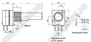 RD820G-PA1-A103 потенциометр роторный (8мм) 10 кОм логарифмический сдвоенный горизонтальный в плату, вал латунный с лыской, длина вала 20мм