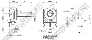 R1216N-YA2-B103 потенциометр роторный (12мм) 10 кОм линейный горизонтальный в плату, вал пластиковый 18 зубов, длина вала 15мм