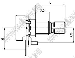R1210N-2A1-A503 потенциометр роторный (12мм) 50 кОм логарифмический горизонтальный в плату, вал металлический 18 зубов, длина вала 15мм