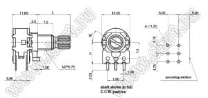 R1210G-QA1-B103-0G02 потенциометр роторный (12мм) 10 кОм линейный сдвоенный горизонтальный в плату, вал металлический со шлицем, длина вала 15мм