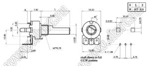 R1212N-3D1-B503 потенциометр роторный (12мм) 50 кОм линейный вертикальный в плату, вал металлический 18 зубов, длина вала 20мм