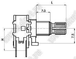 R1210G-2A1-B103-0G02 потенциометр роторный (12мм) 10 кОм линейный сдвоенный горизонтальный в плату, вал металлический 18 зубов, длина вала 15мм