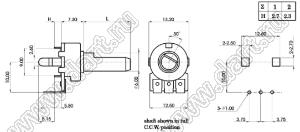 R1216N-BD1-B503 "H" is "1"=2.7mm потенциометр роторный (12мм) 50 кОм линейный вертикальный в плату, вал пластиковый с лыской, длина вала 20мм