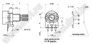 R1210N-2A1-A503 потенциометр роторный (12мм) 50 кОм логарифмический горизонтальный в плату, вал металлический 18 зубов, длина вала 15мм
