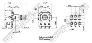 R1610G-2B1-B104-6 потенциометр роторный (16мм) 100 кОм линейный сдвоенный, монтаж на провод, вал металлический 18 зубов, длина вала 15мм