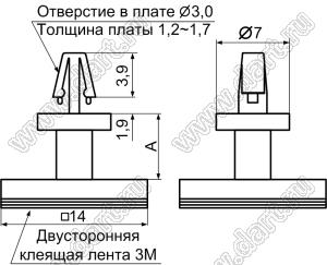 BSS-9 (3M) фиксатор платы на самоклеящейся площадке 14x14 мм; A=8,8мм; dп=3,0мм; s=1,2...1,7мм; нейлон-66 (UL); натуральный