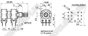 R1640G-3A1-B103-DB01 потенциометр роторный (16мм) 10 кОм линейный счетверенный горизонтальный в плату, вал металлический 18 зубов, длина вала 20мм