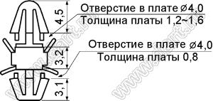 LCL-3.2 фиксатор платы с двумя защелками; dп=4,0мм; s=1,6мм; d отв.=4,0мм; t=0,8мм; нейлон-66 (UL); натуральный