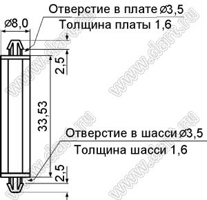 LDE-33 фиксатор платы с двумя защелками; dп=3,5мм; s=1,6мм; d отв.=3,5мм; t=1,6мм; нейлон-66 (UL); натуральный