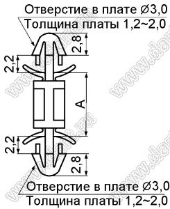 LCF-7 фиксатор платы с двумя защелками; A=7,0мм; dп=3,0мм; s=1,2...2,0мм; d отв.=3,0мм; t=1,2...2,0мм; нейлон-66 (UL); натуральный