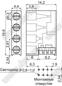 KLH-342 держатель четырех 3-мм светодиодов в плату угловой; C=3.3мм; нейлон-66 (UL); черный