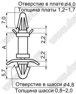 LCB-6 фиксатор платы с двумя защелками; A=6,3мм; dп=4,0мм; s=1,6мм; d отв.=4,8мм; t=0,8...2,0мм; нейлон-66 (UL); натуральный