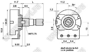 R2410N-20KQ-B3K3 потенциометр роторный (24мм) 3,3 кОм линейный монтаж на провод, вал металлический 18 зубов, длина вала 20мм