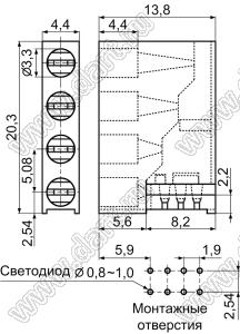 KLH-341 держатель четырех 3-мм светодиодов в плату угловой; C=3.3мм; нейлон-66 (UL); черный