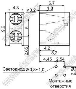 LED-307(A) держатель двух 3мм светодиодов на плату угловой; нейлон-66 (UL); черный; C=3,2мм