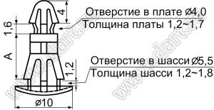 RBS-10 фиксатор платы с двумя защелками; A=10,0мм; dп=4,0мм; s=1,2...1,7мм; d отв.=5,5мм; t=1,2...1,8мм; нейлон-66 (UL); натуральный