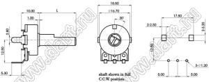 R1616N-CD1-B103 потенциометр роторный (16мм) 10 кОм линейный вертикальный в плату, вал пластиковый с лыской, длина вала 25мм