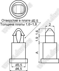 MAM-3.2 фиксатор платы с защелкой в плату; A=3,2мм; dп=2,5мм; нейлон-66 (UL); натуральный