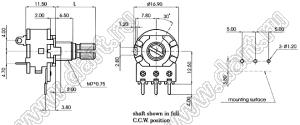 R1610S-AA1-B103 потенциометр роторный (16мм) 10 кОм линейный горизонтальный в плату с выключателем, вал с лыской, длина вала 15мм