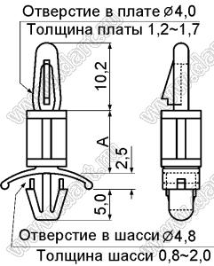 LCS-24 фиксатор платы с двумя защелками; A=24,0мм; dп=4,0мм; s=1,6мм; d отв.=4,8мм; t=0,8...2,0мм; нейлон-66 (UL); натуральный