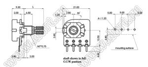 R1610P-2A1-B103 потенциометр роторный (16мм) 10 кОм линейный с тонкомпенсацией горизонтальный в плату, вал металлический 18 зубов, длина вала 15мм