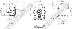 R1416G-DD1-C104 потенциометр роторный (14мм) 100 кОм обратно-логарифмический вертикальный в плату, вал пластиковый с лыской, длина вала 30мм