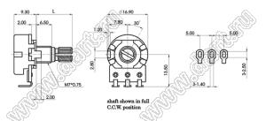 R1610N-AB1-10A503 потенциометр роторный (16мм) 50 кОм логарифмический; монтаж на провод, вал металлический с лыской, длина вала 15мм