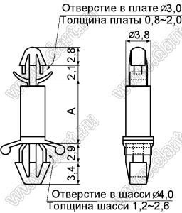 LCH-8 фиксатор платы с двумя защелками; A=8,5мм; dп=3,0мм; s=0,8...2,0мм; d отв.=4,0мм; t=1,2...2,6мм; нейлон-66 (UL); натуральный