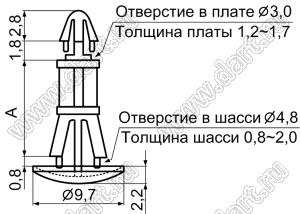 RCC-12 фиксатор платы с двумя защелками; A=12,7мм; D=3,0мм; S=1,6мм; d отв.=4,8мм; t=0,8...2,0мм; нейлон-66; натуральный