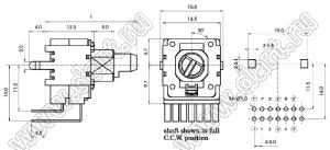 R1422G-BD1-C503 потенциометр роторный (14мм) 50 кОм обратно-логарифмический вертикальный в плату, вал пластиковый с лыской, длина вала 20мм